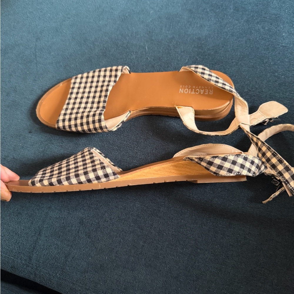 Reaction Kenneth Cole “Jolly” Black and Tan Gingham Wedge Sandals